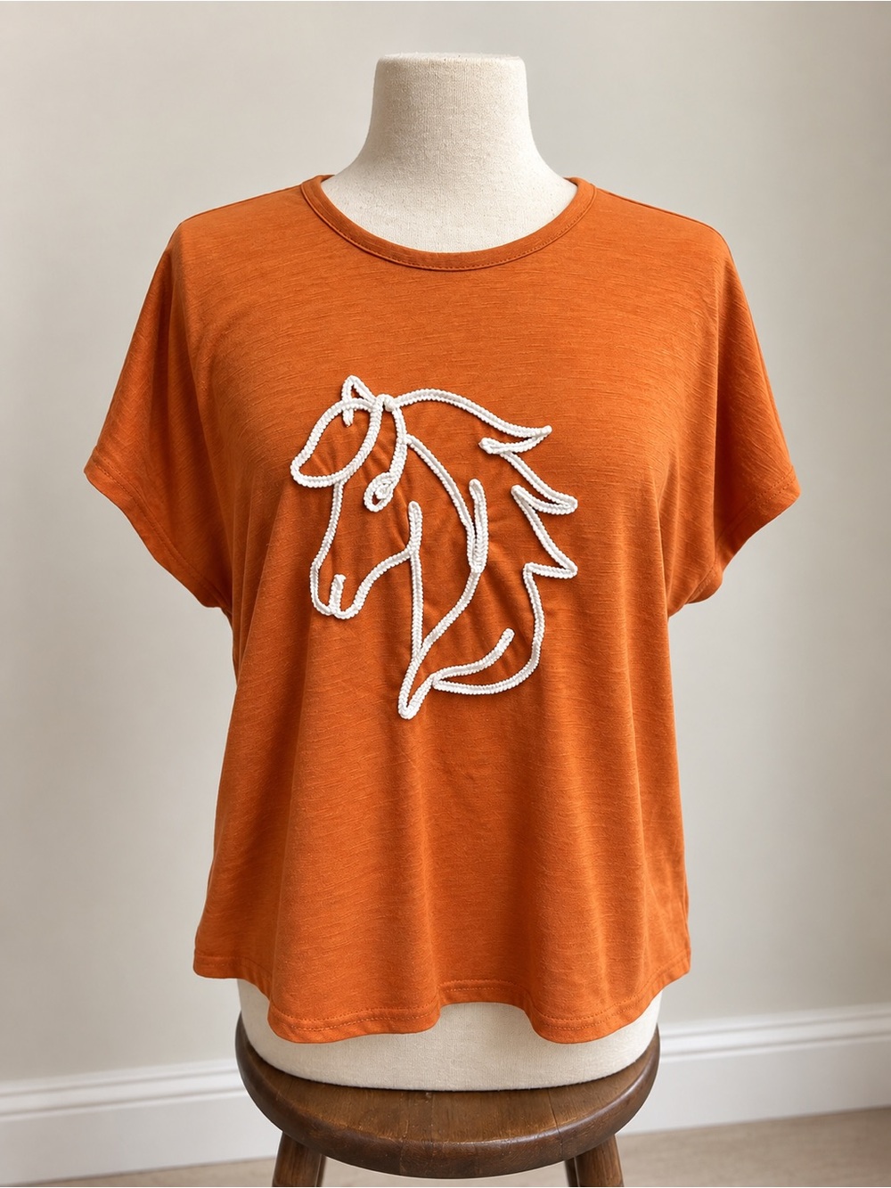 Relaxed Orange Short-Sleeve Tee with White Horse Embroidery